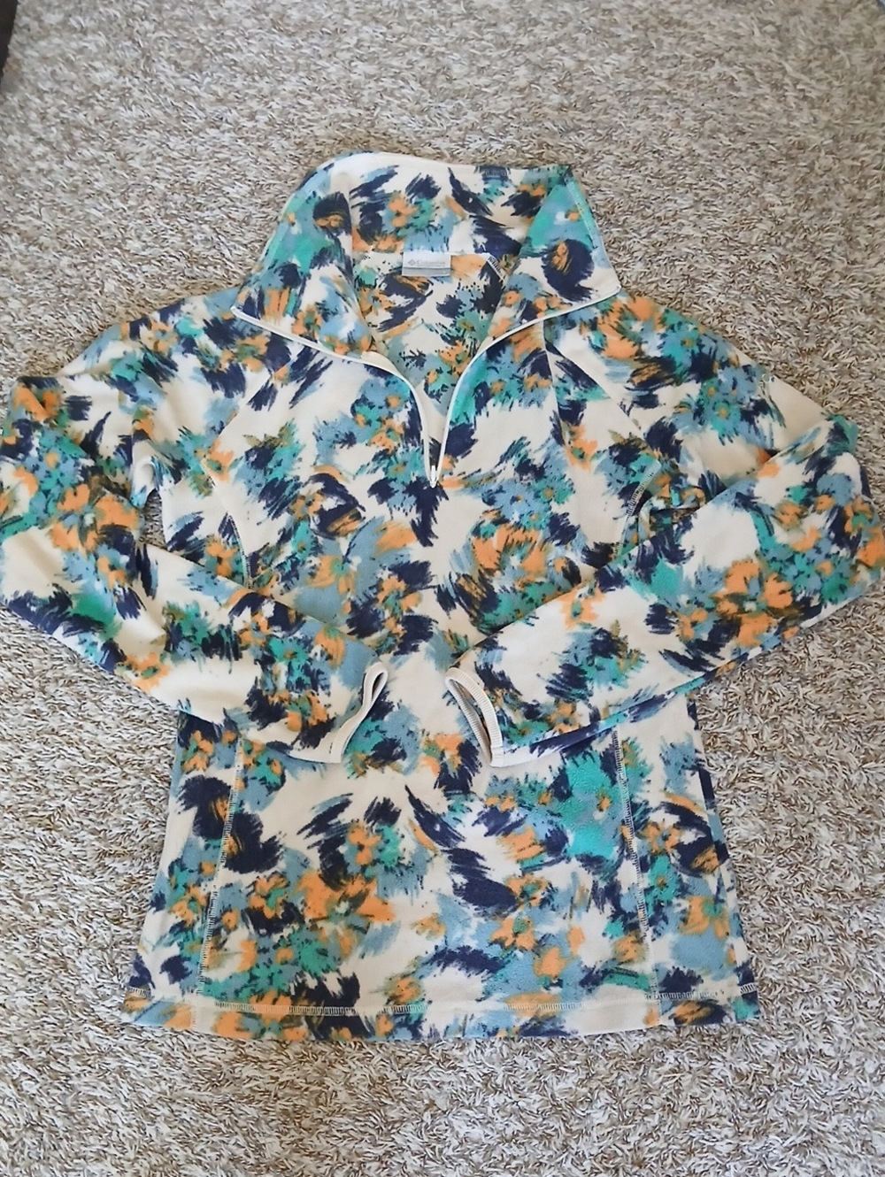 Columbia Women’s Quarter-Zip Pullover Fleece in Teal Abstract Floral Print Sz S